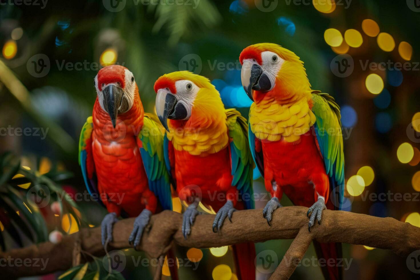 Colorful parrots perched on decorated Christmas trees in a tropical landscape photo