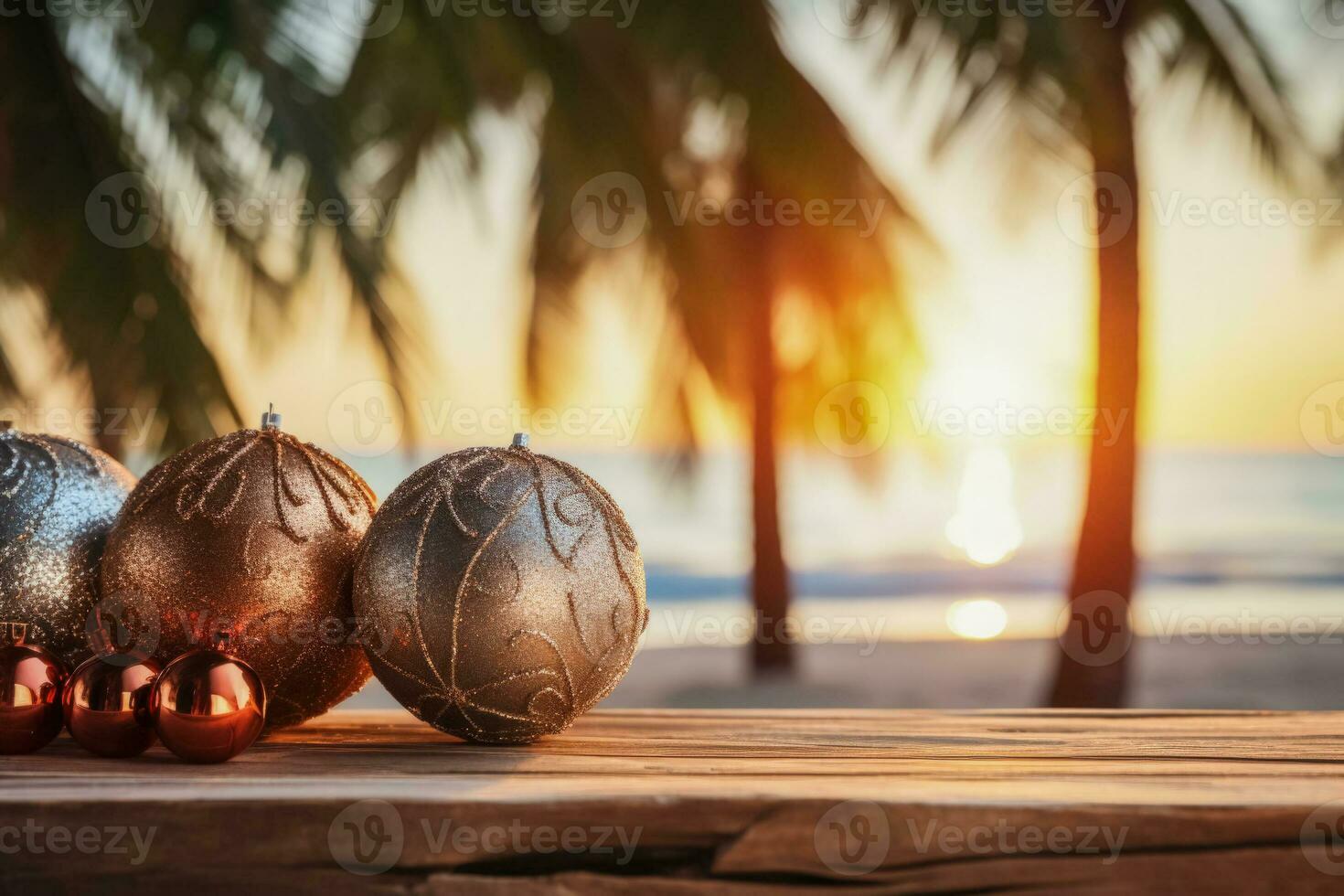 palma arboles adornado con Navidad decoraciones en un playa antecedentes con vacío espacio para texto foto