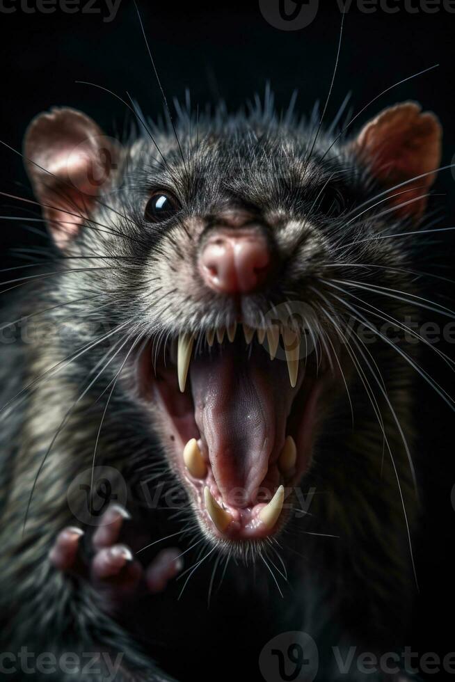 Aggressive rat on dark background. Generative AI photo