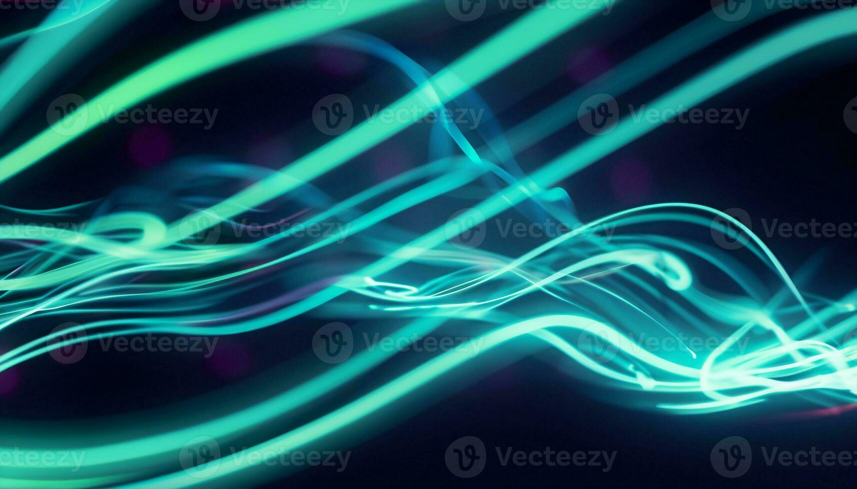 Abstract futuristic background with green neon lines glowing in ultraviolet light, and bokeh lights. Generative AI photo