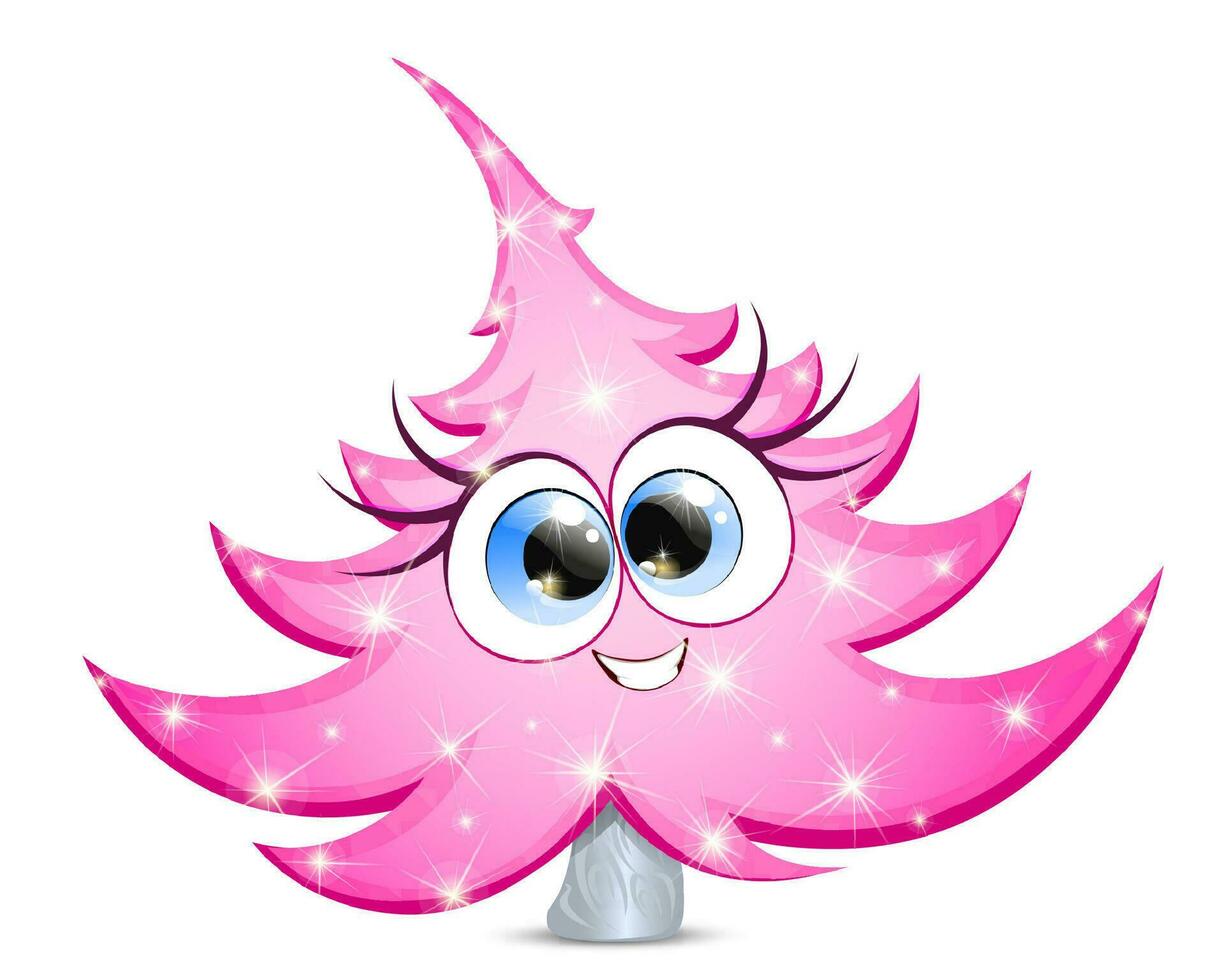 Funny cute smiling cartoon pink fir tree girl character with Christmas lights vector