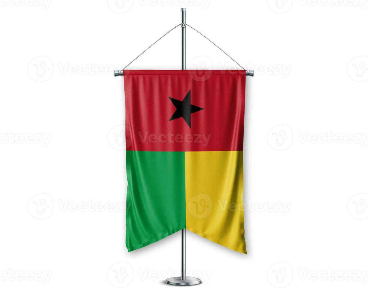 Guinea Bissau up pennants 3D flags on pole stand support pedestal realistic set and white background. - Image photo