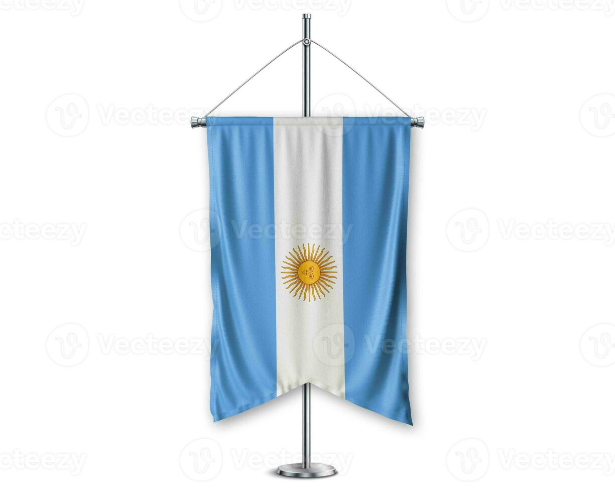 Argentina up pennants 3D flags on pole stand support pedestal realistic set and white background. - Image photo