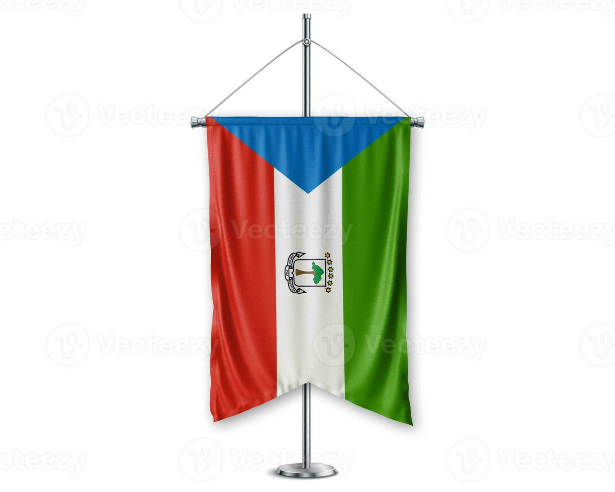 Eguatoria Guines up pennants 3D flags on pole stand support pedestal realistic set and white background. - Image photo