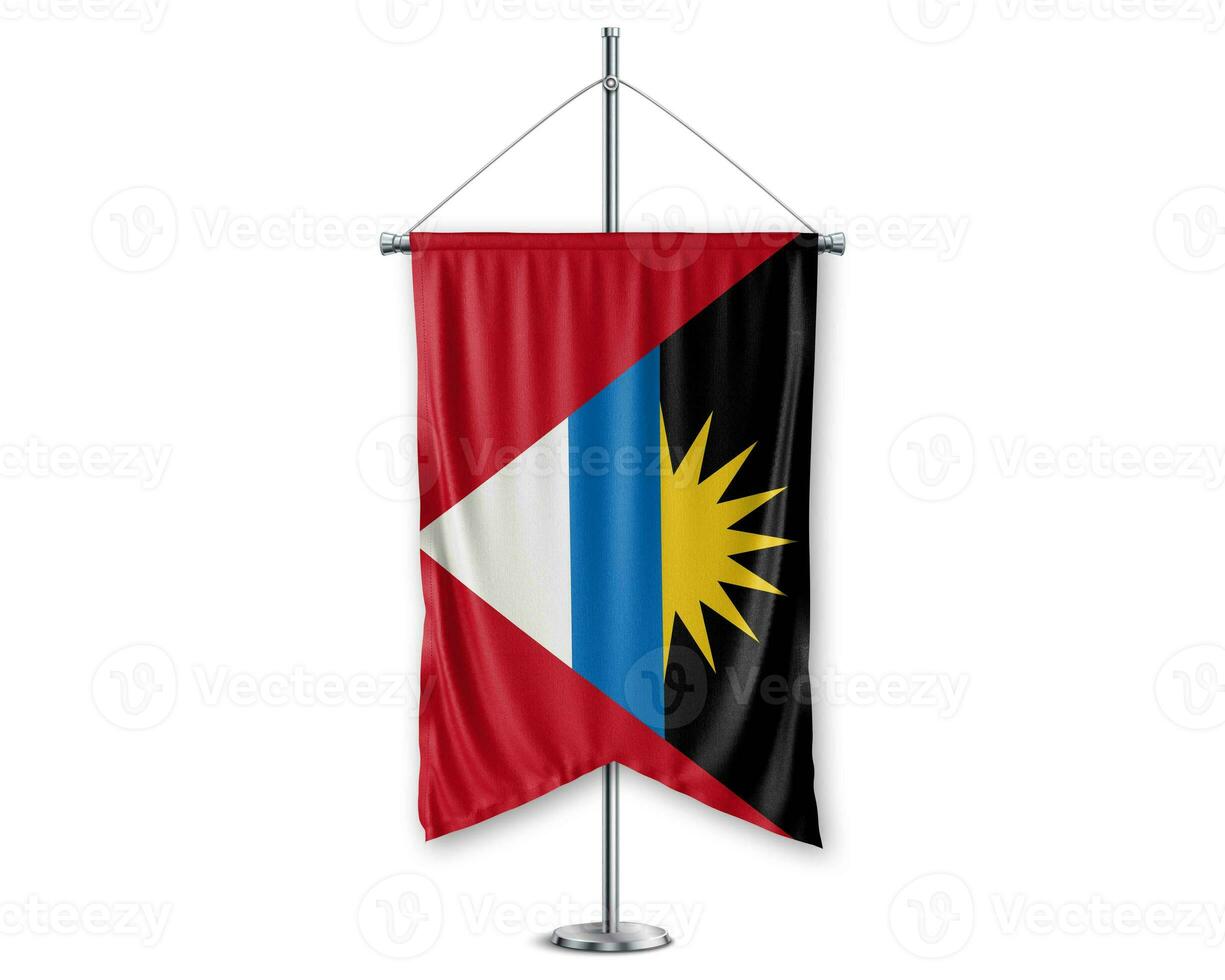 Antigua up pennants 3D flags on pole stand support pedestal realistic set and white background. - Image photo