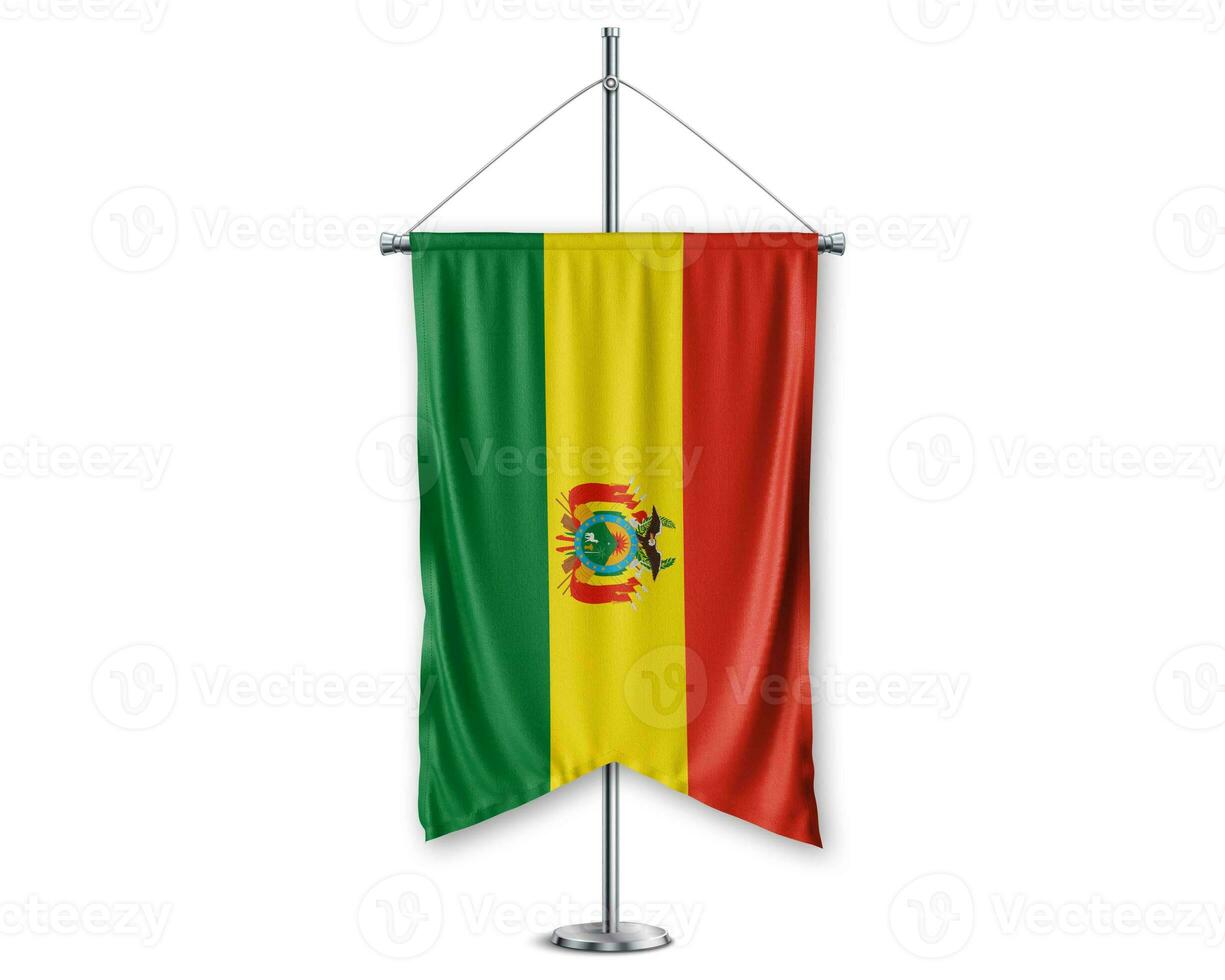 Bolivia up pennants 3D flags on pole stand support pedestal realistic set and white background. - Image photo