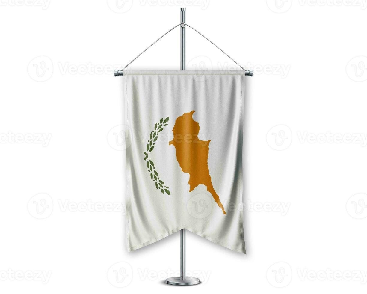 Cyprus up pennants 3D flags on pole stand support pedestal realistic set and white background. - Image photo