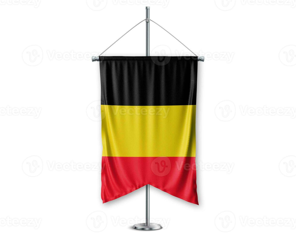 Begium up pennants 3D flags on pole stand support pedestal realistic set and white background. - Image photo