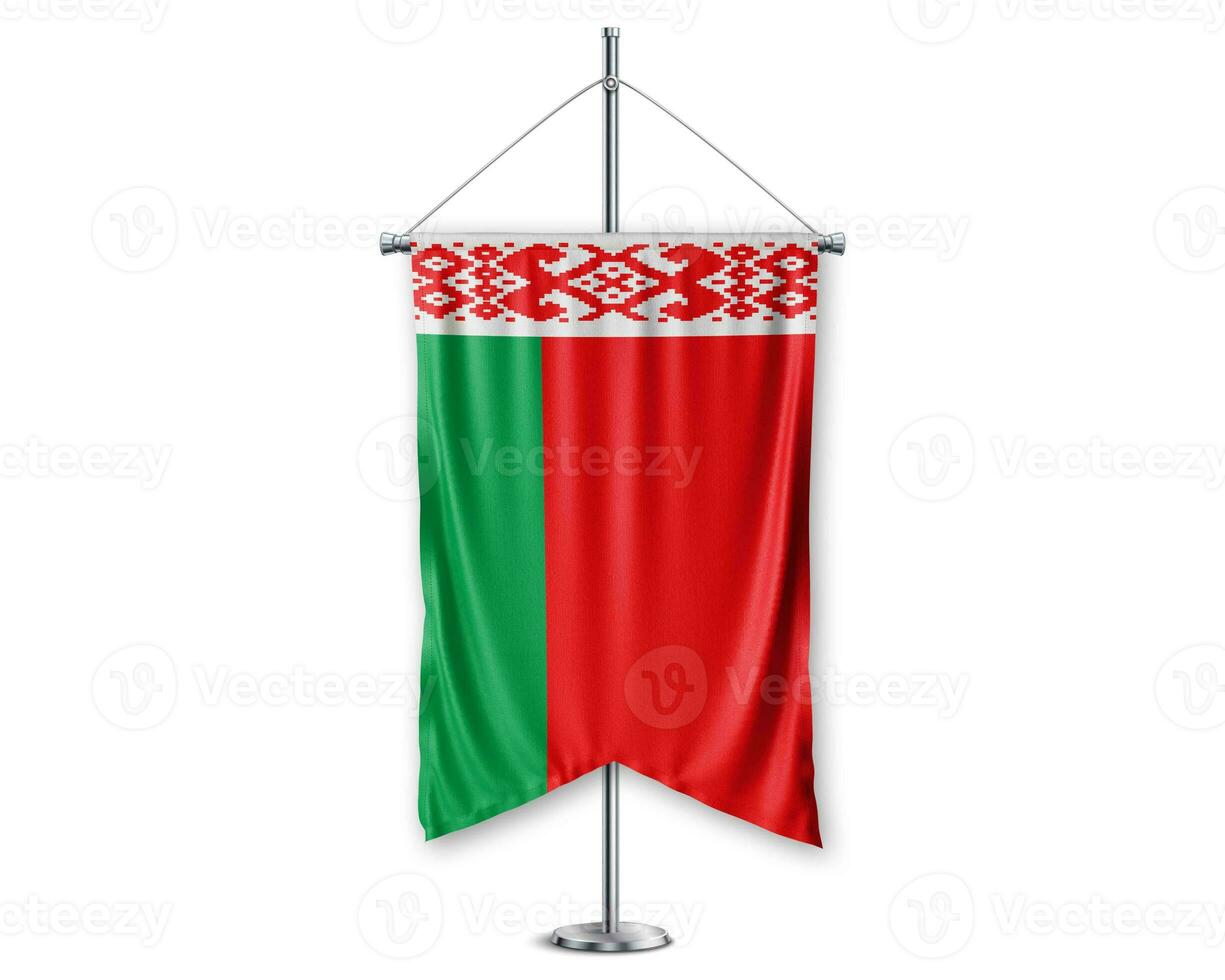 Belarus up pennants 3D flags on pole stand support pedestal realistic set and white background. - Image photo