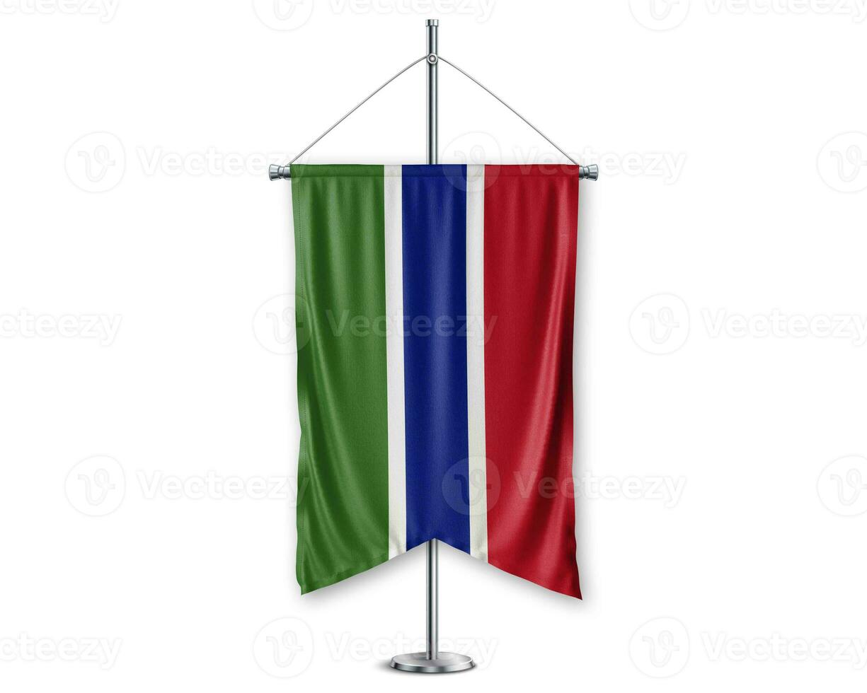 Gambia arriba banderines 3d banderas en polo estar apoyo pedestal realista conjunto y blanco antecedentes. - imagen foto