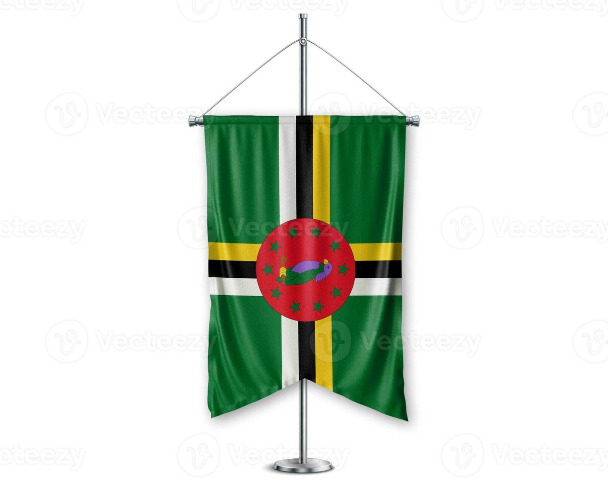 Dominica up pennants 3D flags on pole stand support pedestal realistic set and white background. - Image photo