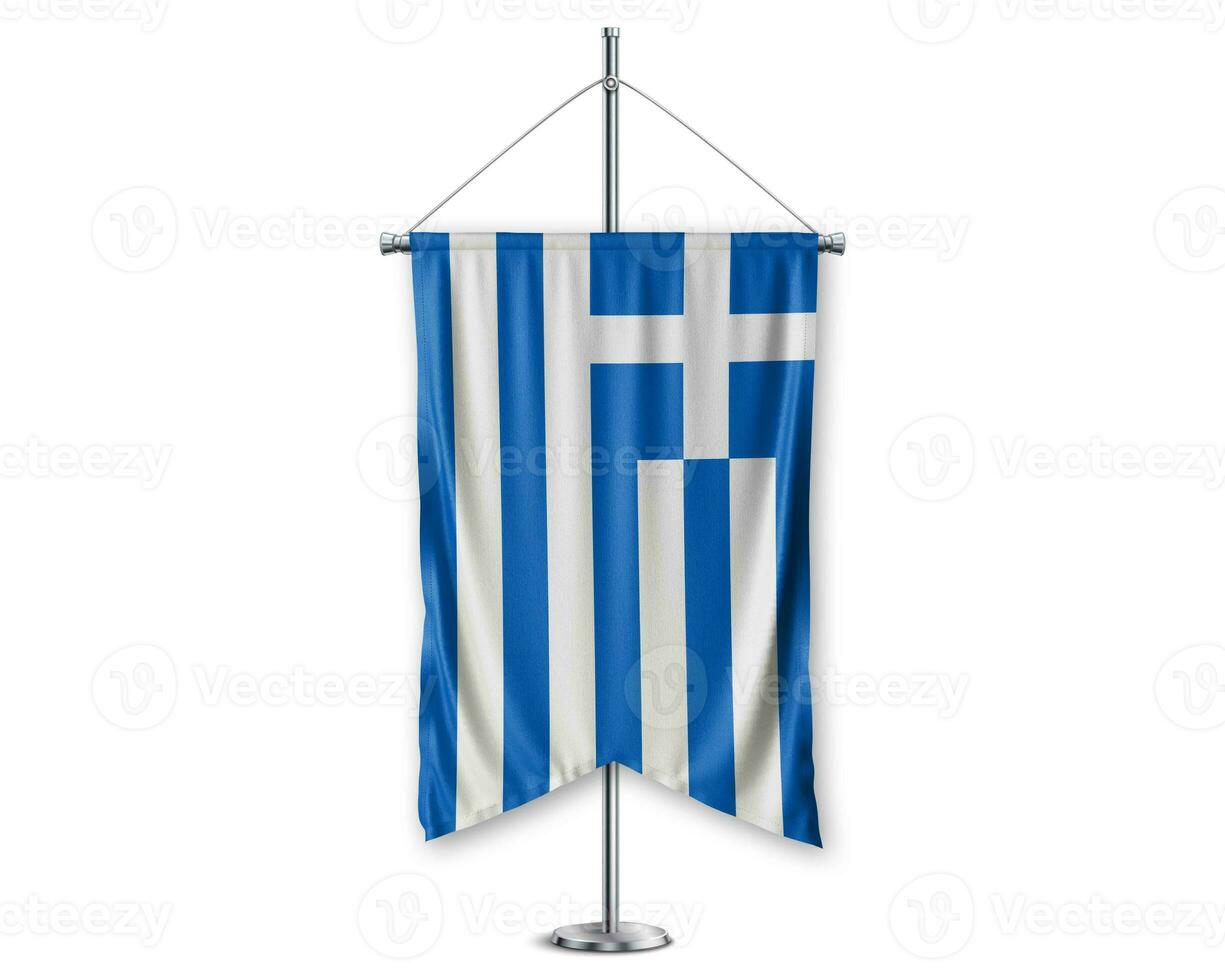 Grecia arriba banderines 3d banderas en polo estar apoyo pedestal realista conjunto y blanco antecedentes. - imagen foto