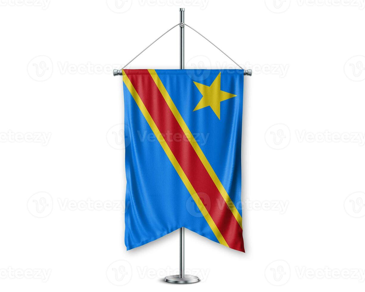 Democratic Republic up pennants 3D flags on pole stand support pedestal realistic set and white background. - Image photo