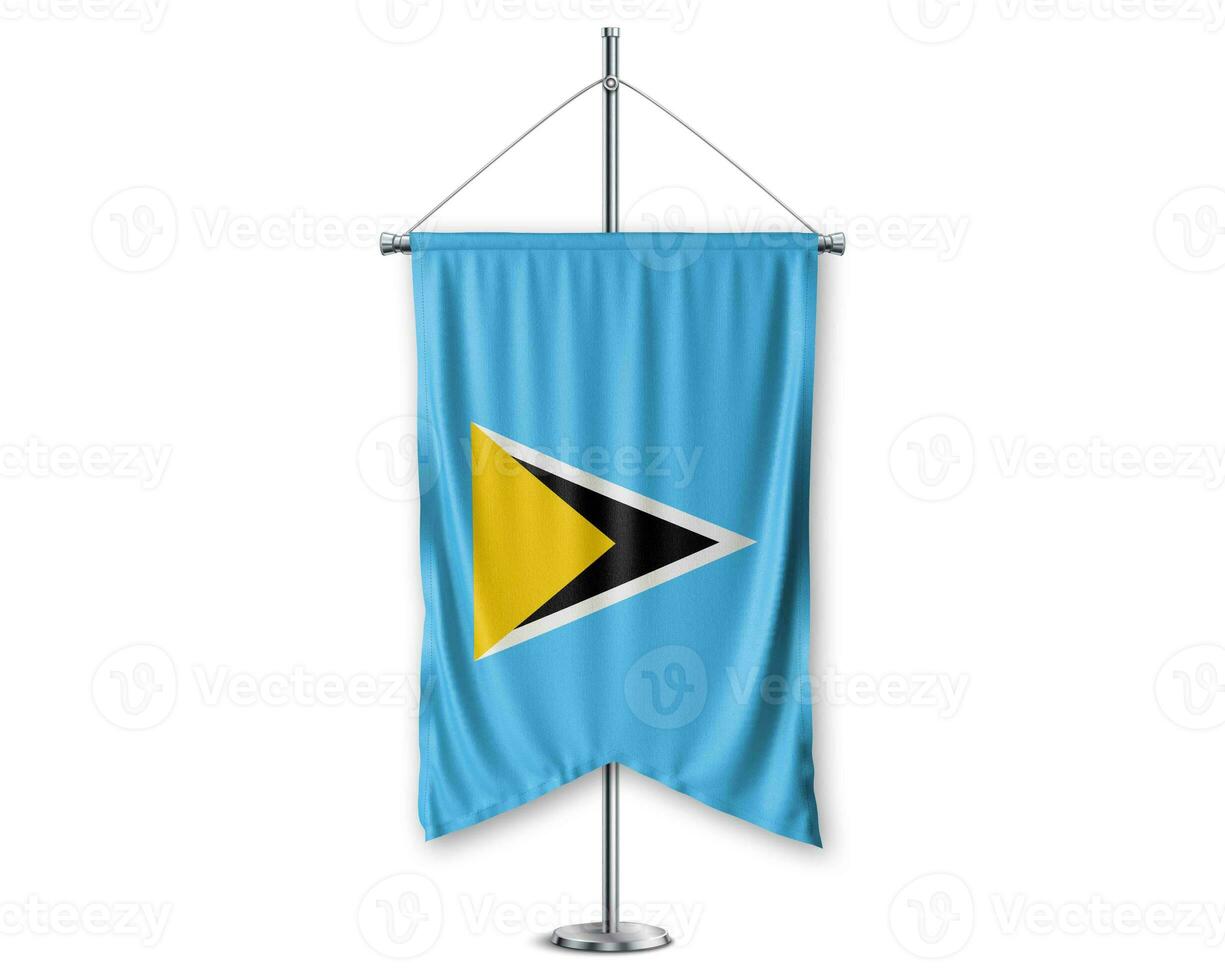 Saint Lucia up pennants 3D flags on pole stand support pedestal realistic set and white background. - Image photo