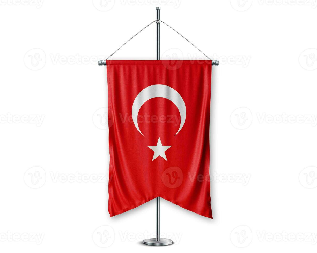 Turkey up pennants 3D flags on pole stand support pedestal realistic set and white background. - Image photo