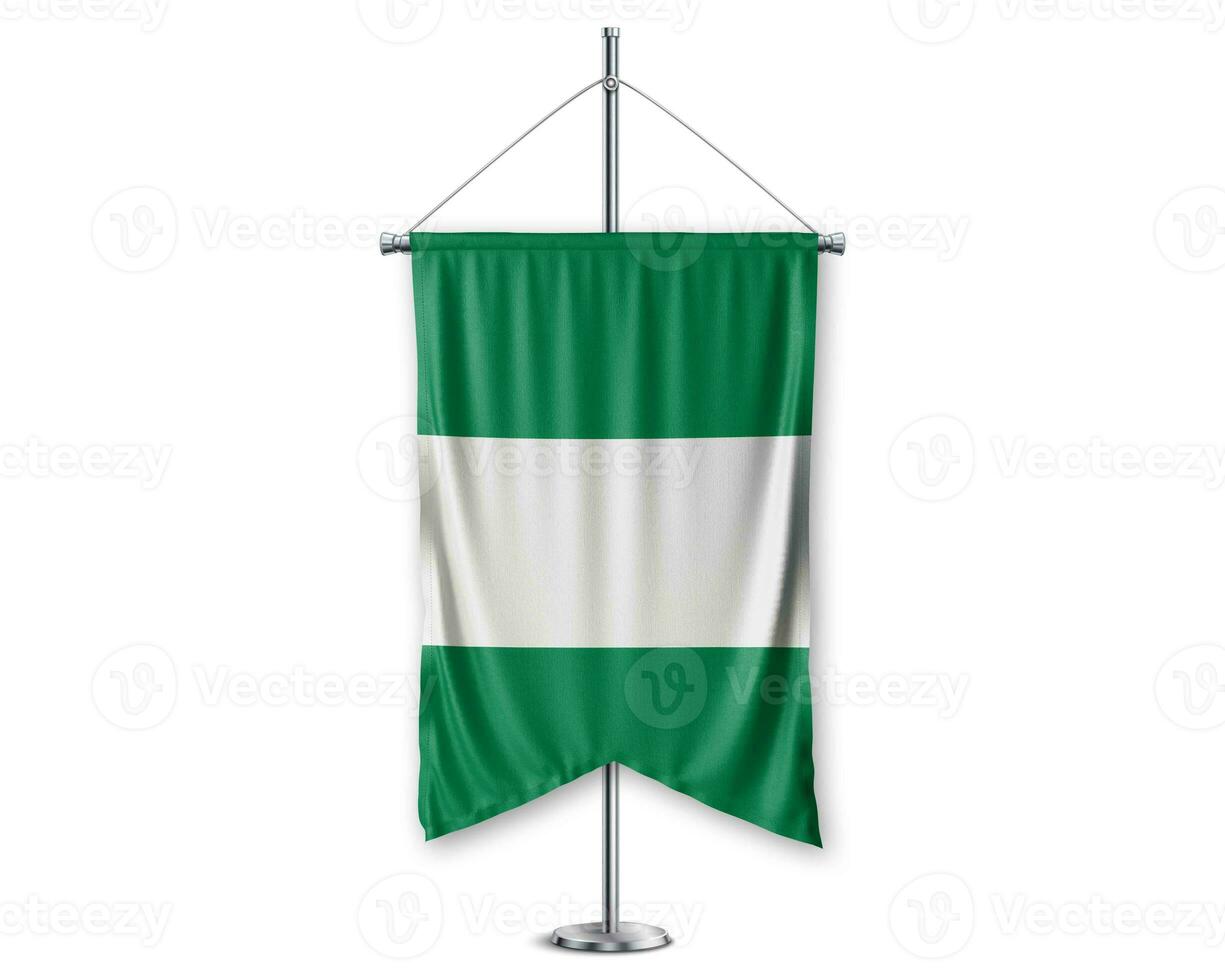 Niqeria up pennants 3D flags on pole stand support pedestal realistic set and white background. - Image photo