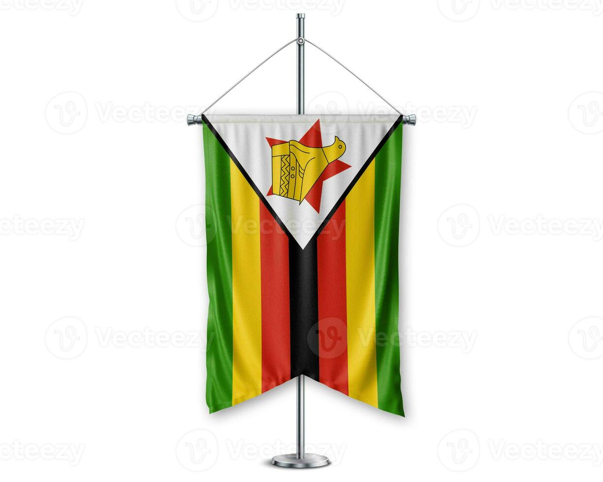 Zimbabwe up pennants 3D flags on pole stand support pedestal realistic set and white background. - Image photo