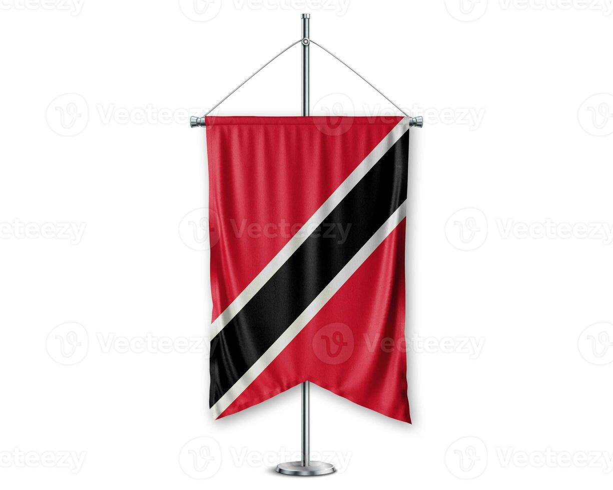 Trinidad and tobaqo up pennants 3D flags on pole stand support pedestal realistic set and white background. - Image photo