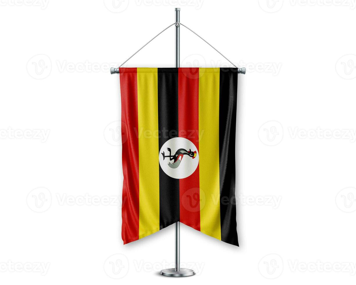 Uqanda up pennants 3D flags on pole stand support pedestal realistic set and white background. - Image photo