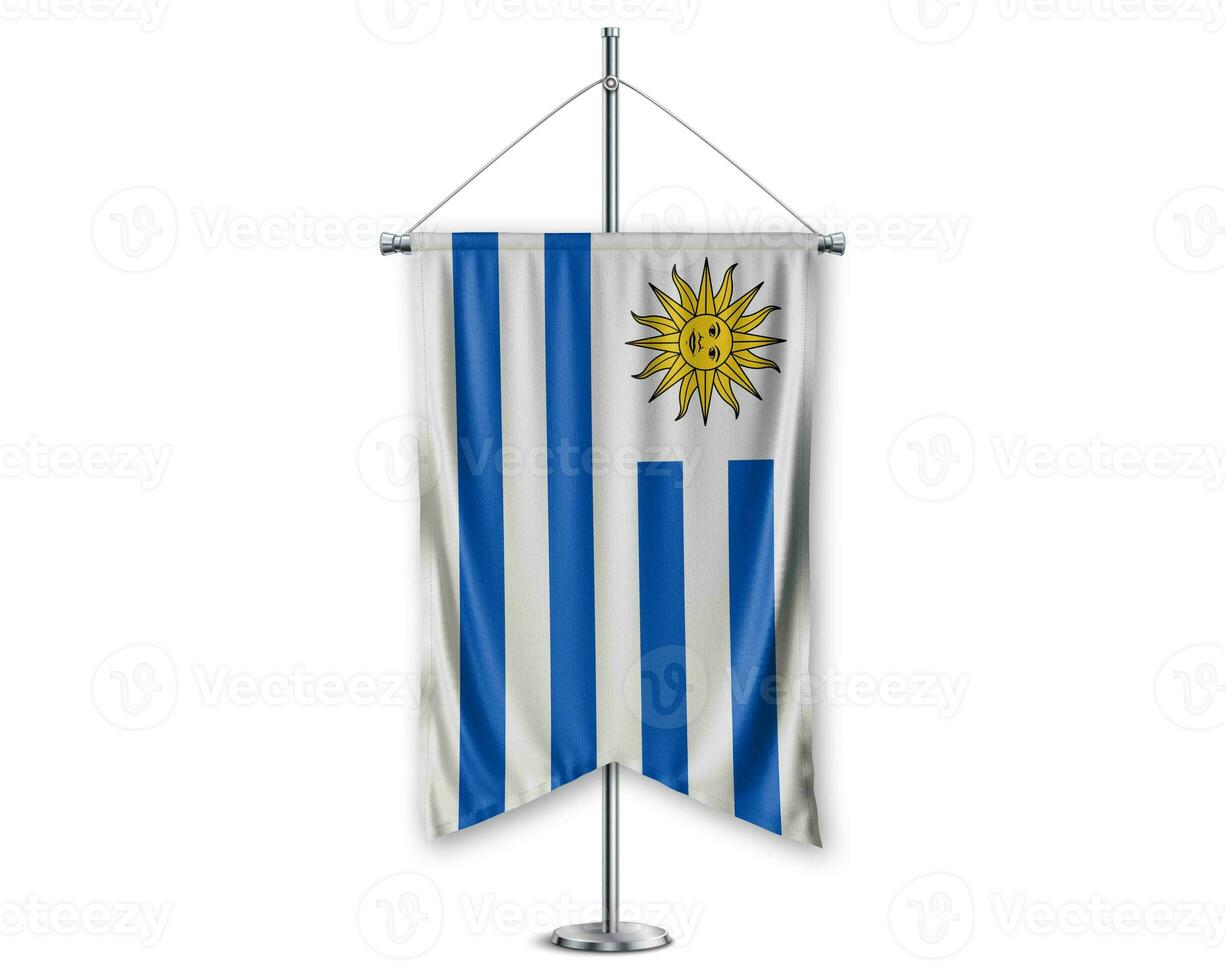 Uruquay up pennants 3D flags on pole stand support pedestal realistic set and white background. - Image photo