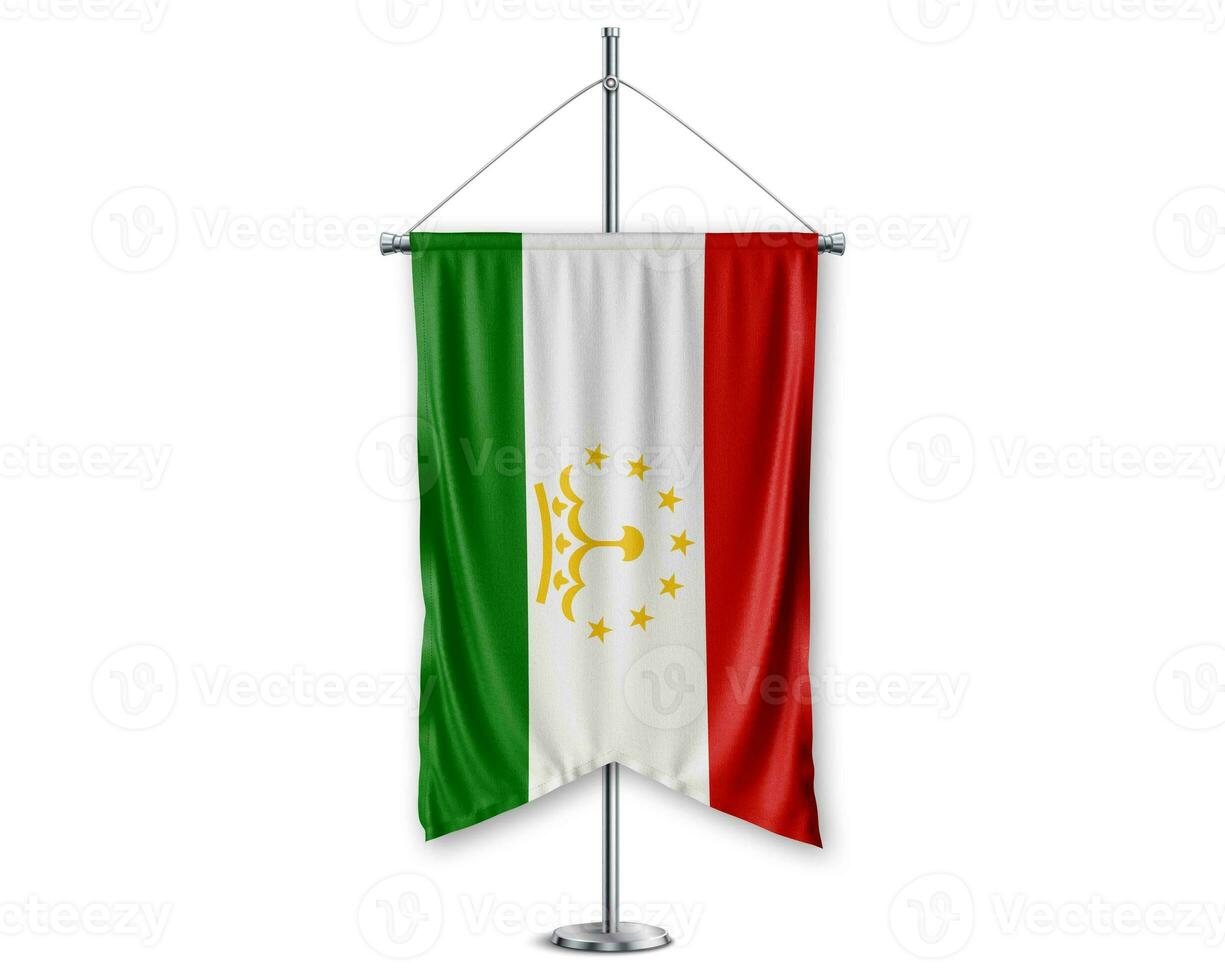 Tajikistan up pennants 3D flags on pole stand support pedestal realistic set and white background. - Image photo