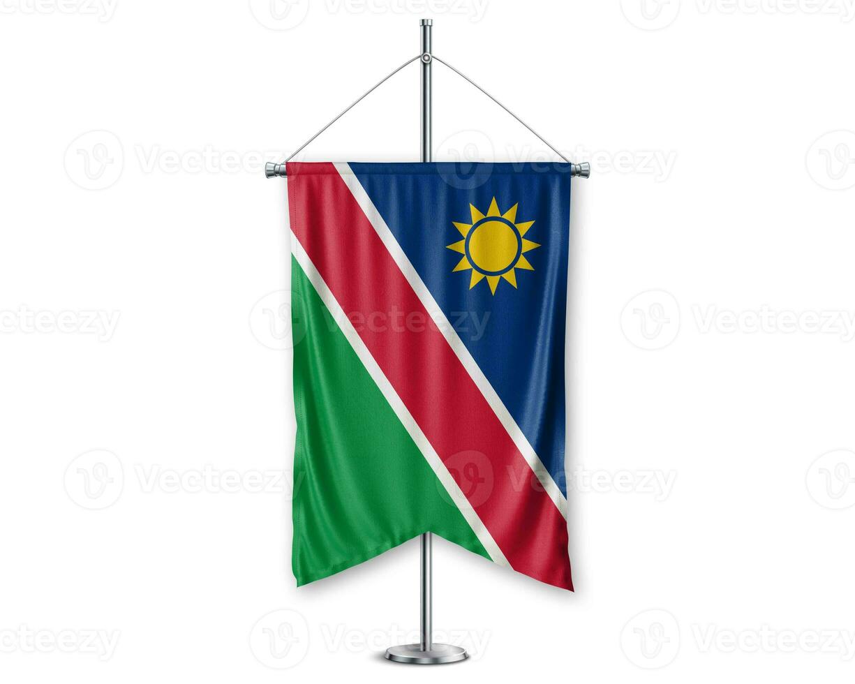 Namibia  up pennants 3D flags on pole stand support pedestal realistic set and white background. - Image photo