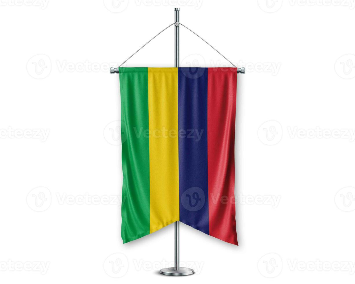 Mauritius up pennants 3D flags on pole stand support pedestal realistic set and white background. - Image photo