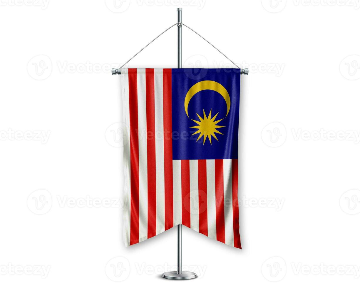 Malaysia up pennants 3D flags on pole stand support pedestal realistic set and white background. - Image photo