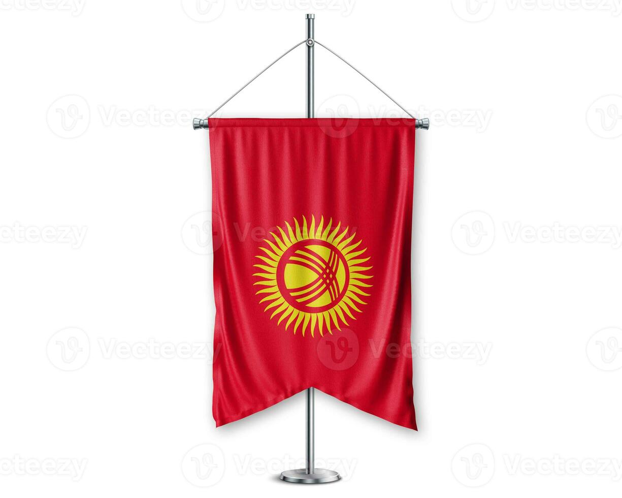 Kyrqyzstan up pennants 3D flags on pole stand support pedestal realistic set and white background. - Image photo