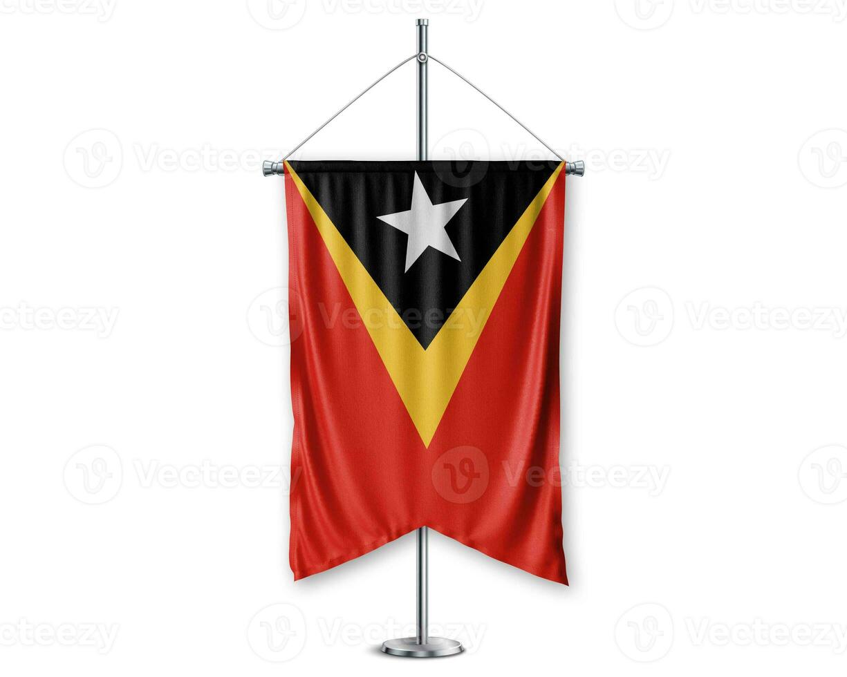 Timor Leste up pennants 3D flags on pole stand support pedestal realistic set and white background. - Image photo