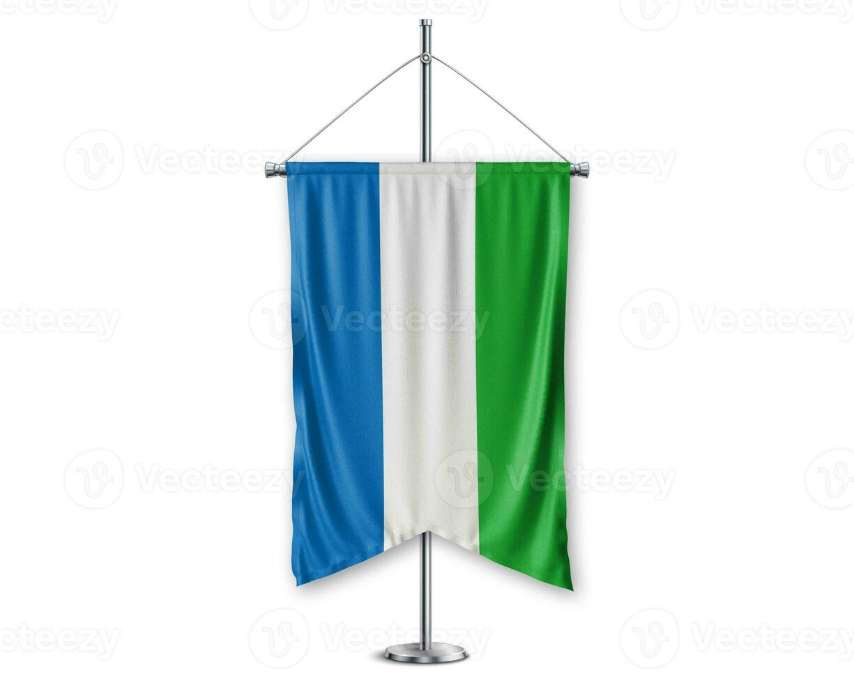 Sierra Leone up pennants 3D flags on pole stand support pedestal realistic set and white background. - Image photo