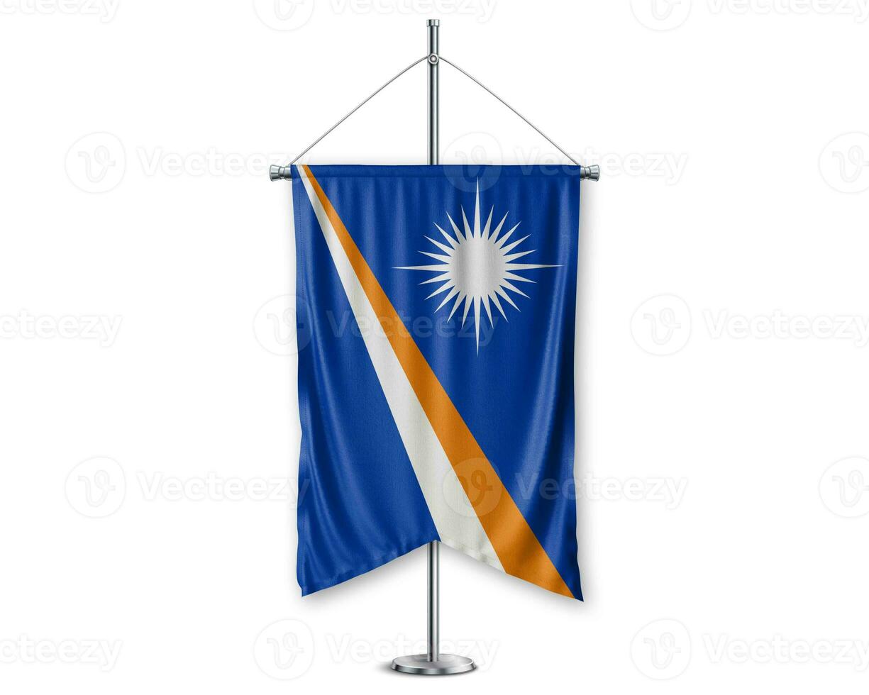 Marshall Islands up pennants 3D flags on pole stand support pedestal realistic set and white background. - Image photo