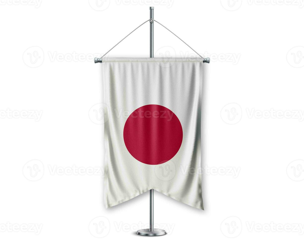 Japan up pennants 3D flags on pole stand support pedestal realistic set and white background. - Image photo