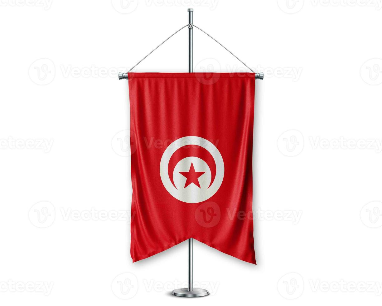 Tunisia up pennants 3D flags on pole stand support pedestal realistic set and white background. - Image photo