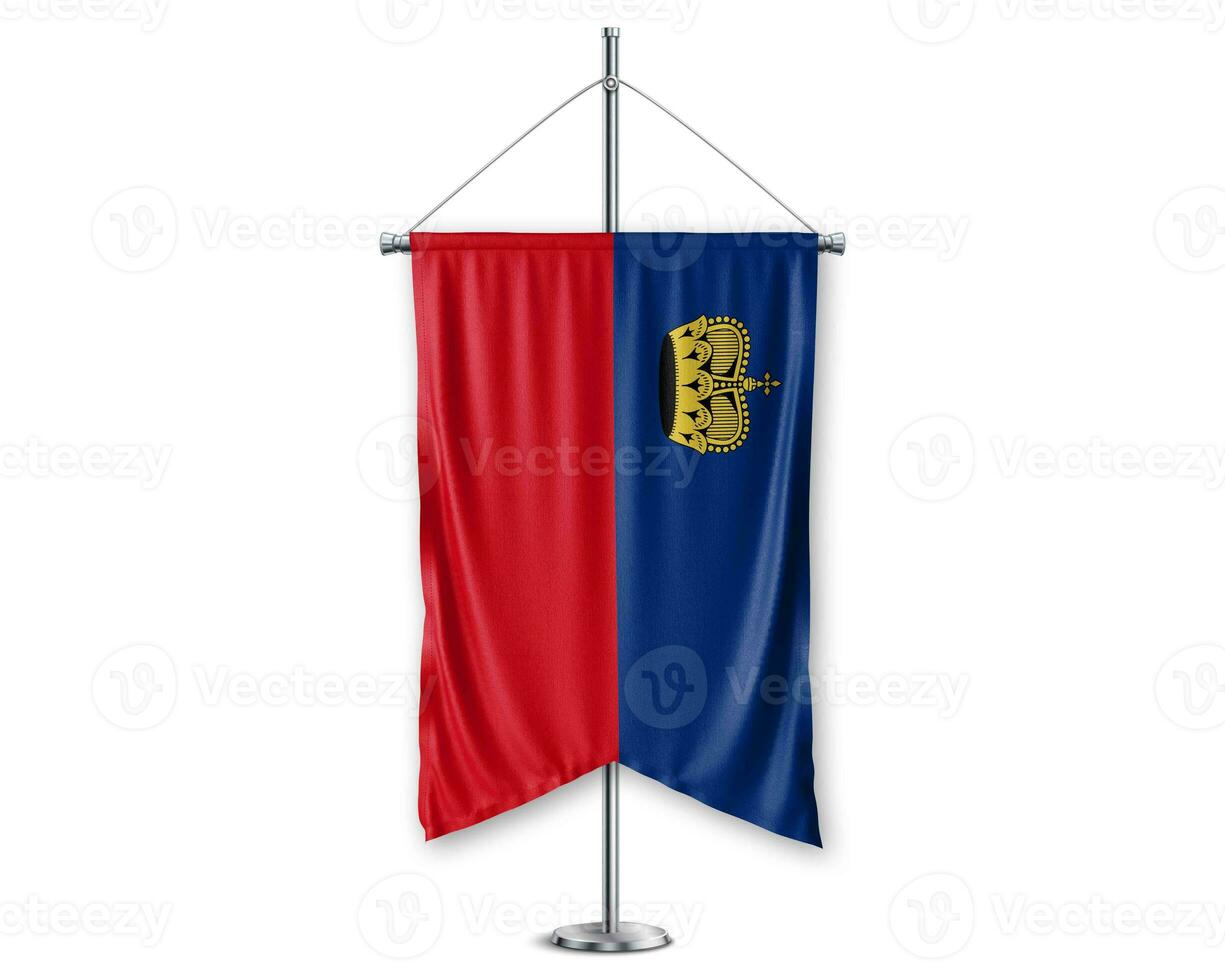 Liechtenstein up pennants 3D flags on pole stand support pedestal realistic set and white background. - Image photo