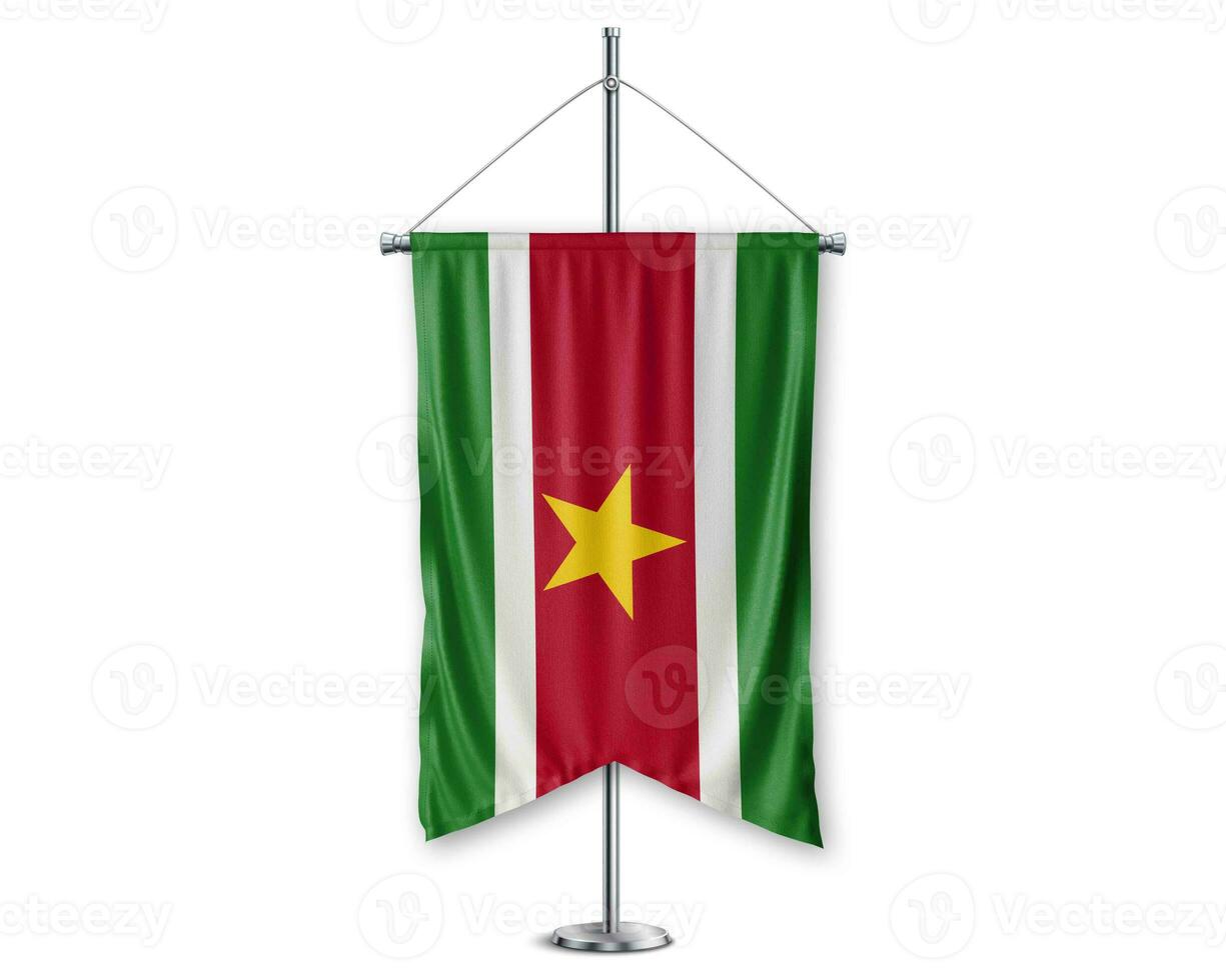 Suriname up pennants 3D flags on pole stand support pedestal realistic set and white background. - Image photo