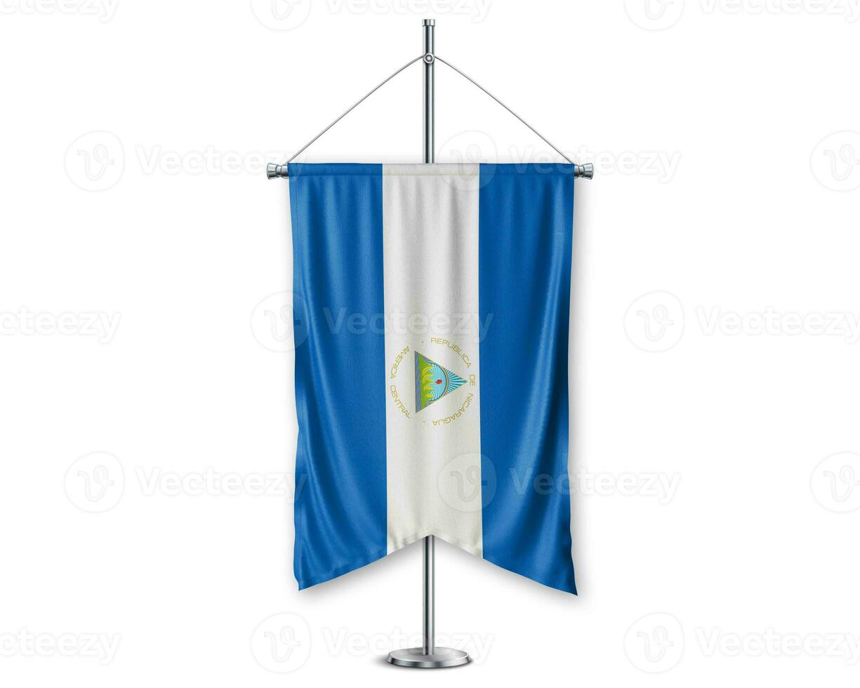 Nicaragua up pennants 3D flags on pole stand support pedestal realistic set and white background. - Image photo