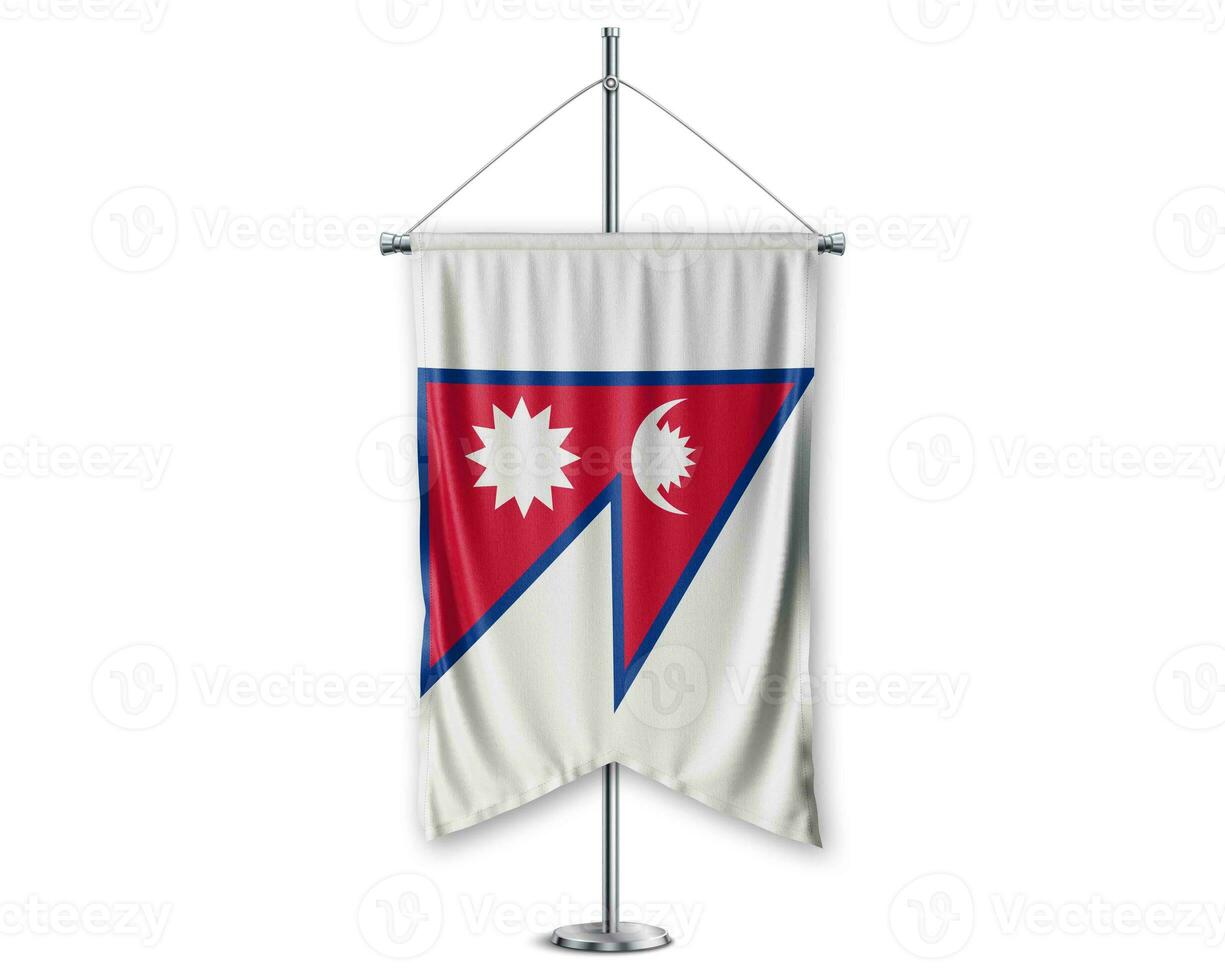 Nepal  up pennants 3D flags on pole stand support pedestal realistic set and white background. - Image photo