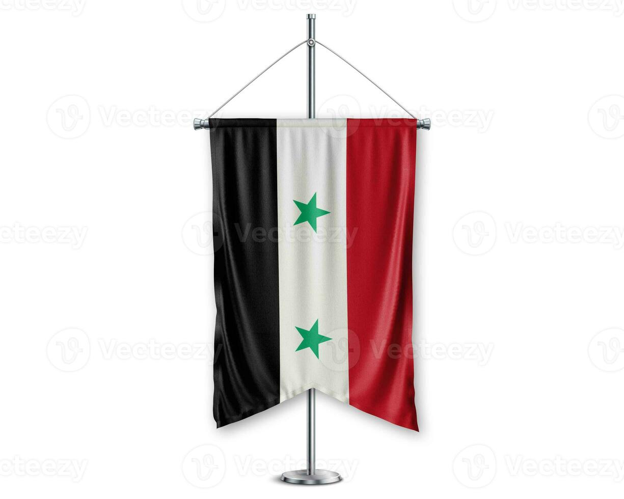 Siria arriba banderines 3d banderas en polo estar apoyo pedestal realista conjunto y blanco antecedentes. - imagen foto