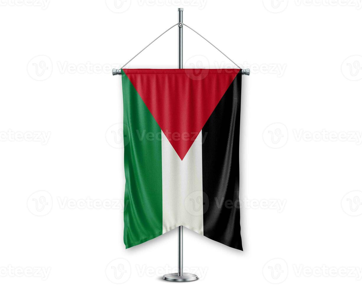 Palestine up pennants 3D flags on pole stand support pedestal realistic set and white background. - Image photo