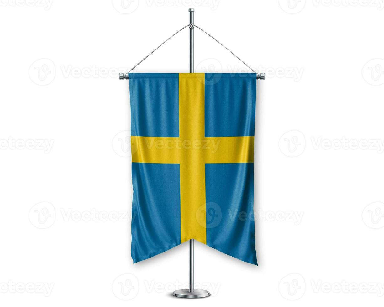 Sweden up pennants 3D flags on pole stand support pedestal realistic set and white background. - Image photo