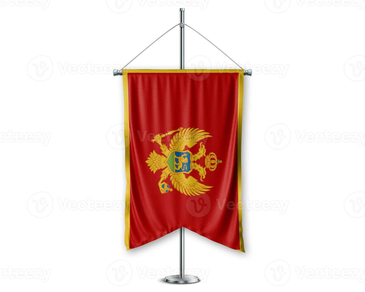 Montenegro up pennants 3D flags on pole stand support pedestal realistic set and white background. - Image photo