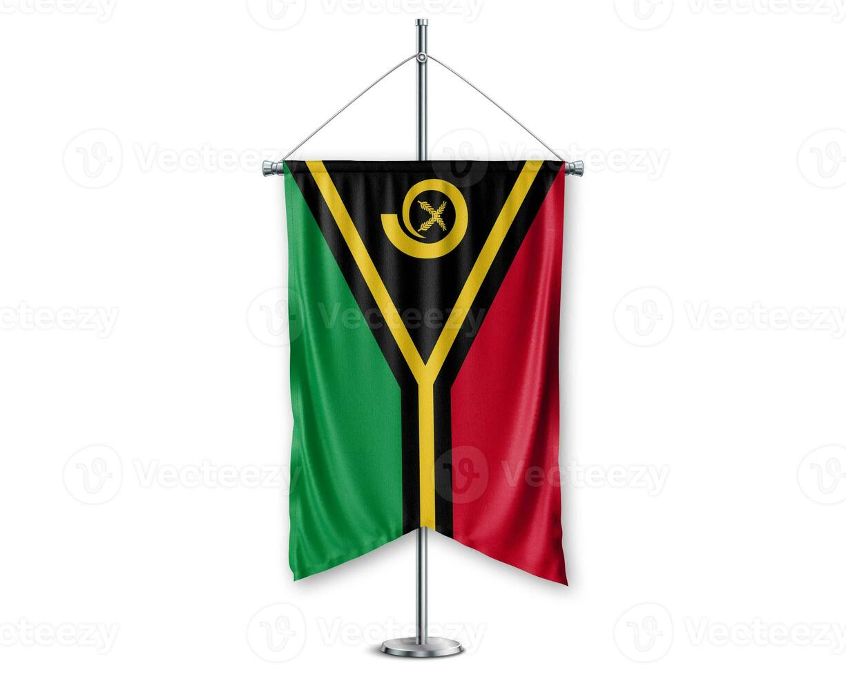 Vanuatu up pennants 3D flags on pole stand support pedestal realistic set and white background. - Image photo