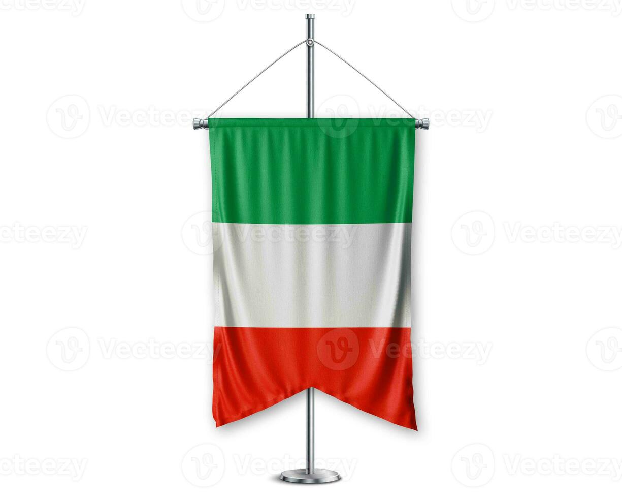 Italia arriba banderines 3d banderas en polo estar apoyo pedestal realista conjunto y blanco antecedentes. - imagen foto