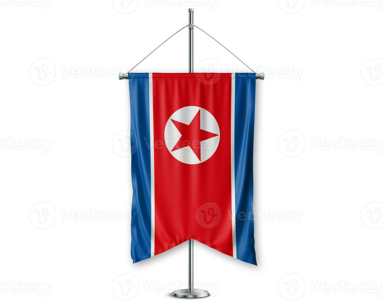 North Korea up pennants 3D flags on pole stand support pedestal realistic set and white background. - Image photo