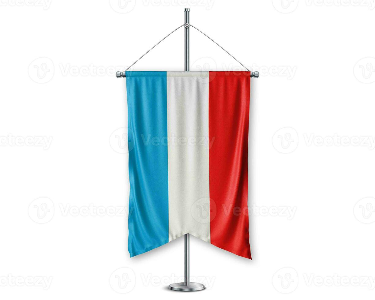 Luxembourg up pennants 3D flags on pole stand support pedestal realistic set and white background. - Image photo