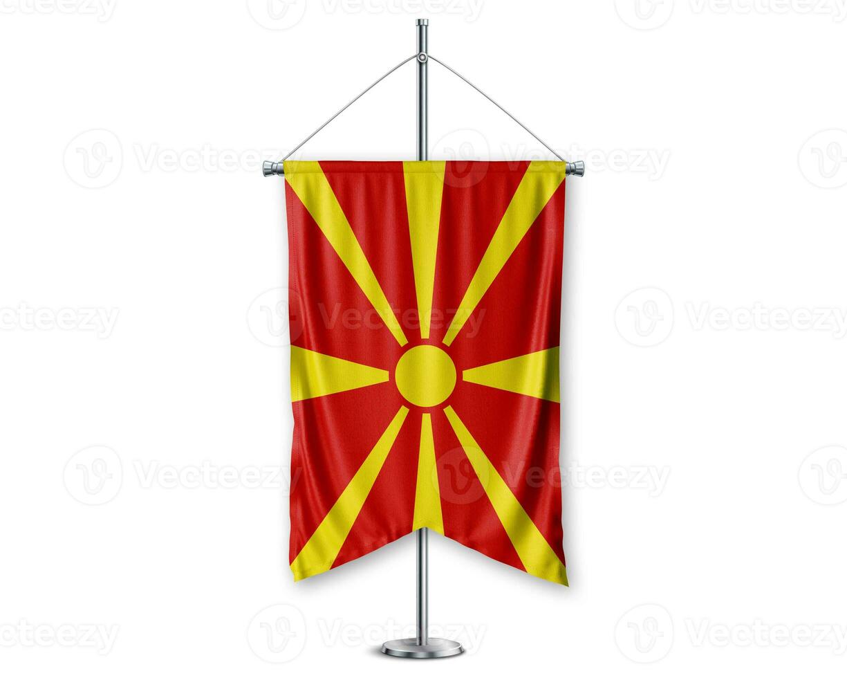 Mecedonia up pennants 3D flags on pole stand support pedestal realistic set and white background. - Image photo