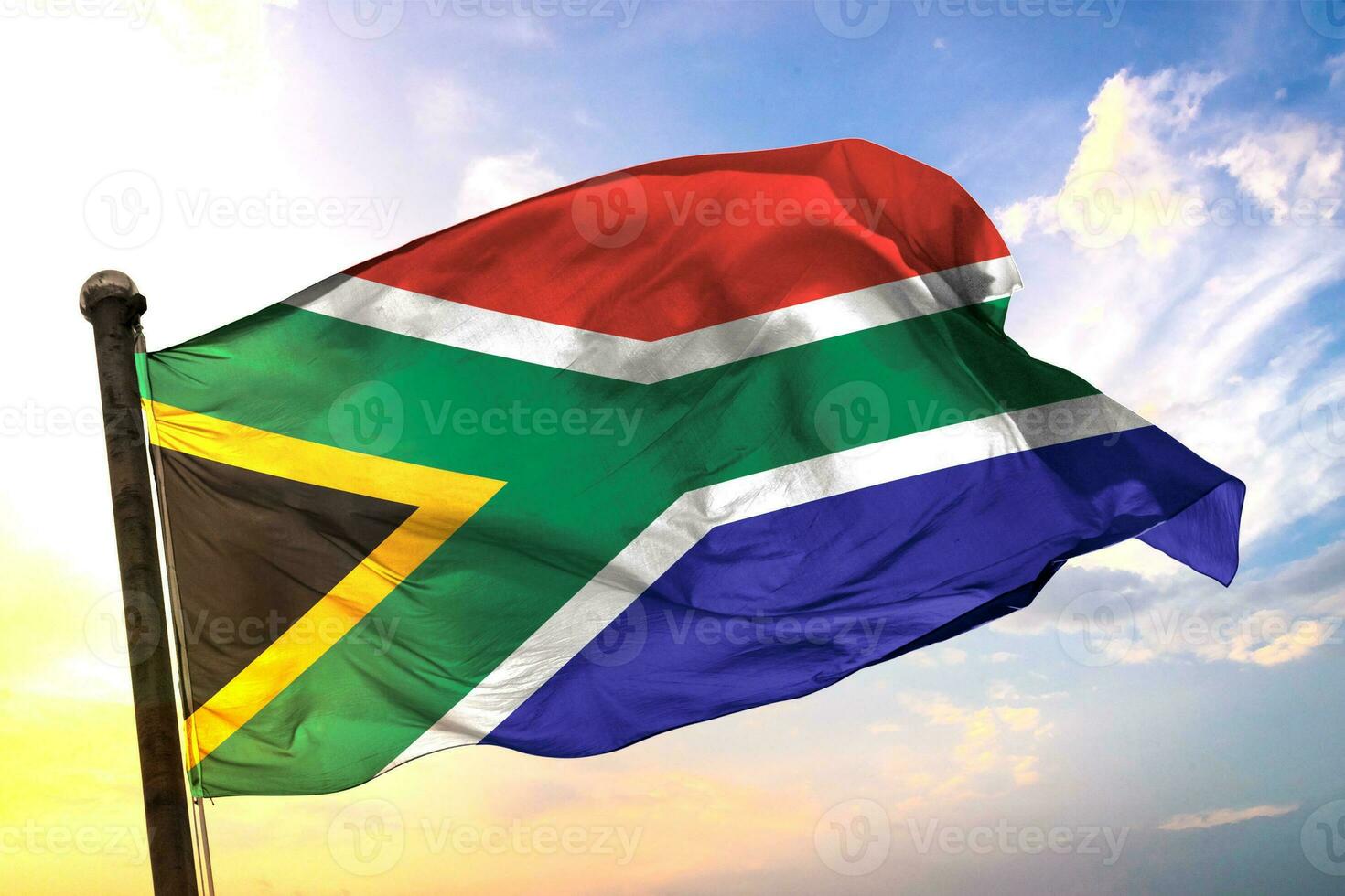 Sudáfrica 3d representación bandera ondulación aislado cielo y nube antecedentes foto