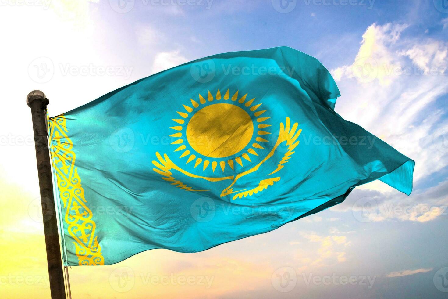 Kazakhstan 3D rendering flag waving isolated sky and cloud background photo
