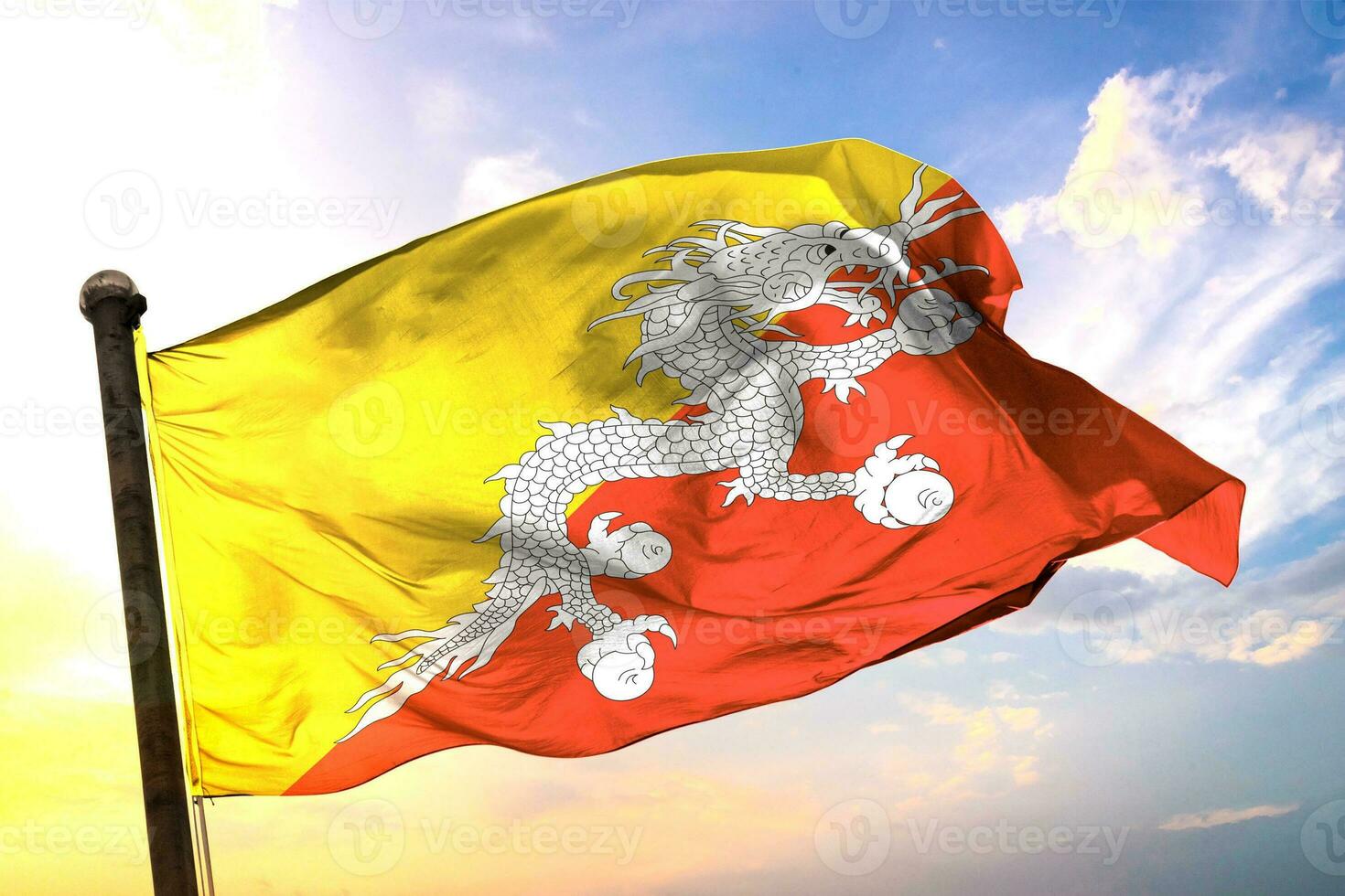 Bhutan 3D rendering flag waving isolated sky and cloud background photo